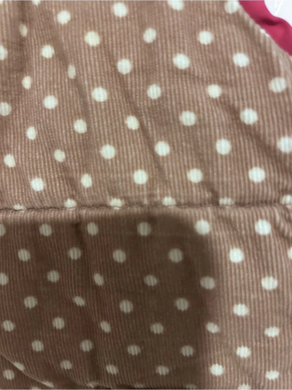 Girls Tan Polka Dot Corduroy Quilted Vest with Pink Trim. Size 4/5T